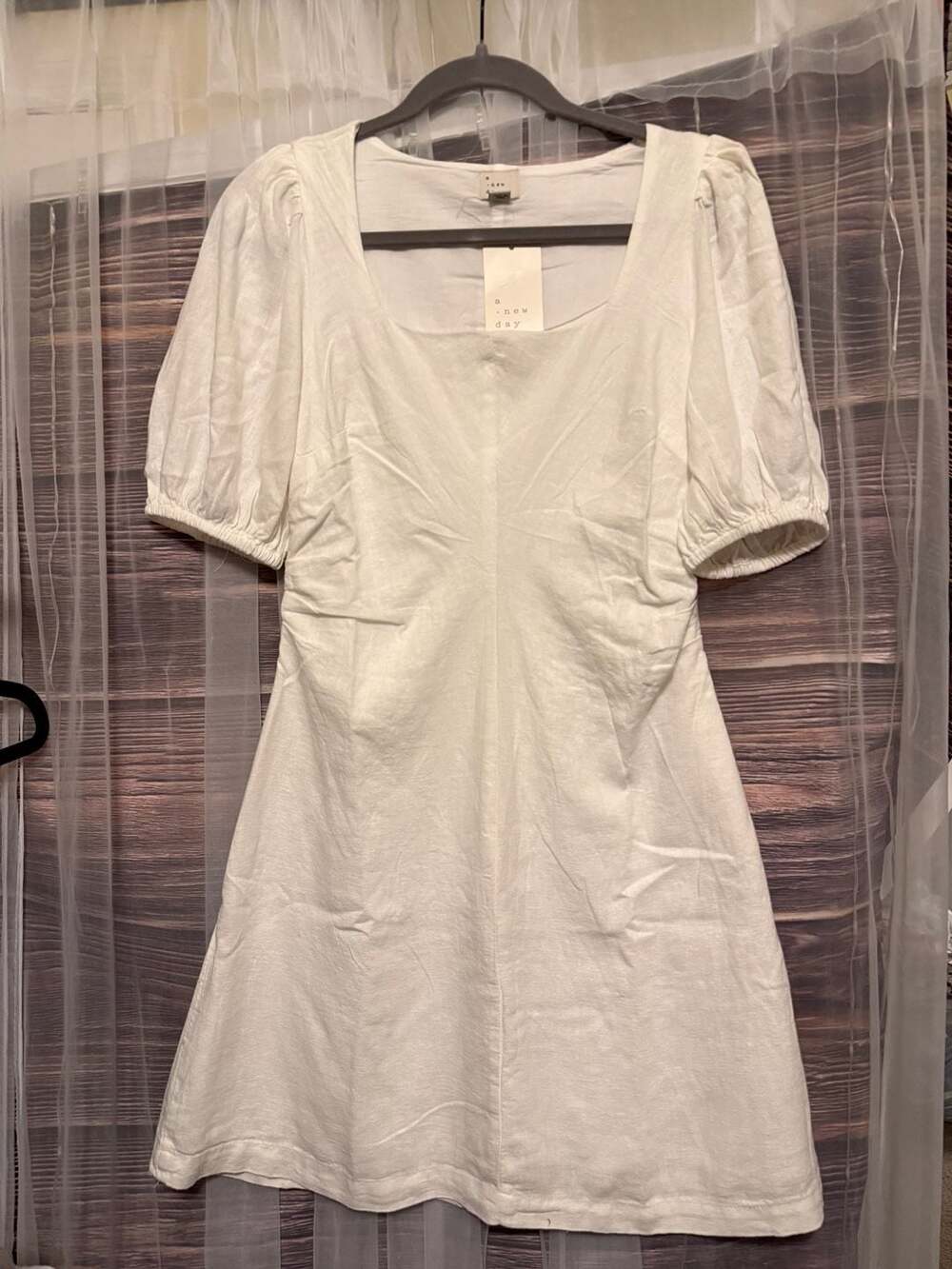 A New Day Women's Linen Short Sleeve Puff Sleeve Mini Sundress - White